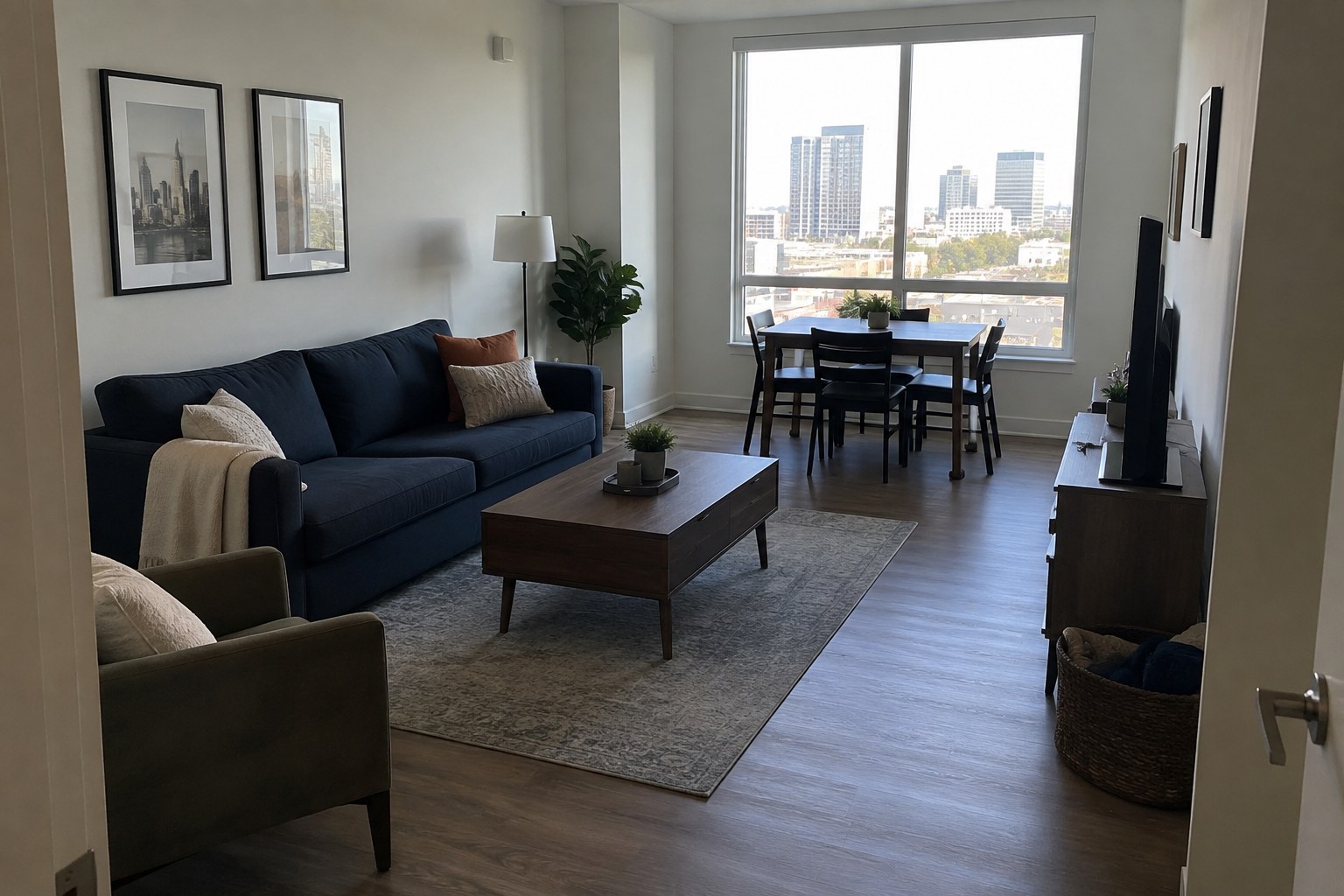 Illustrative apartment living space with practical furnishings