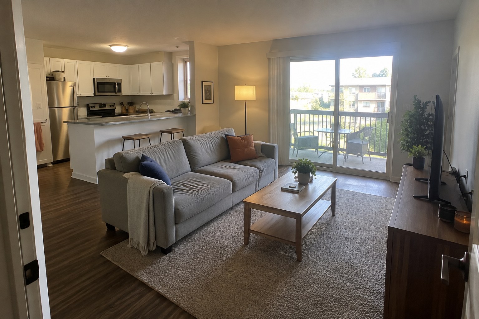 Illustrative furnished apartment with a comfortable sofa and everyday furnishings